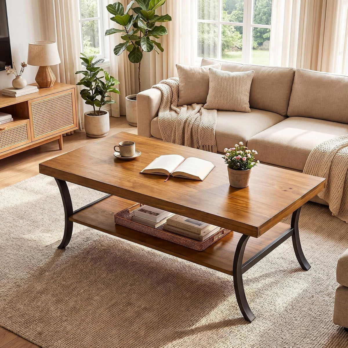 120cm Coffee Table, 2-Tier Solid Wood Farmhouse Centre Table with Storage Shelf