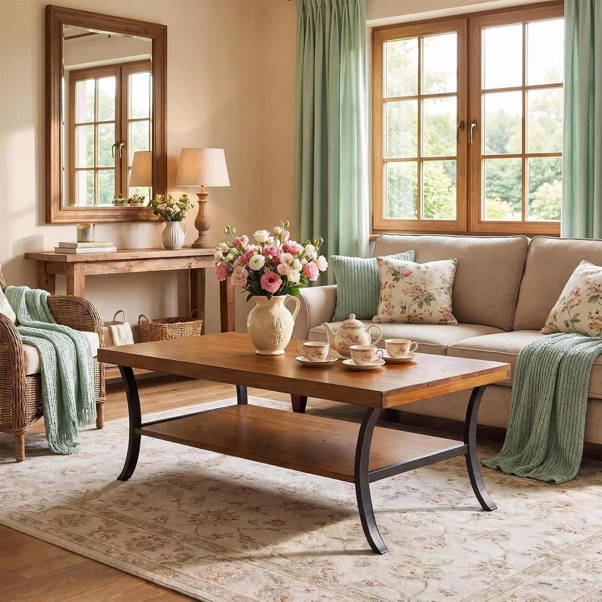 120cm Coffee Table, 2-Tier Solid Wood Farmhouse Centre Table with Storage Shelf