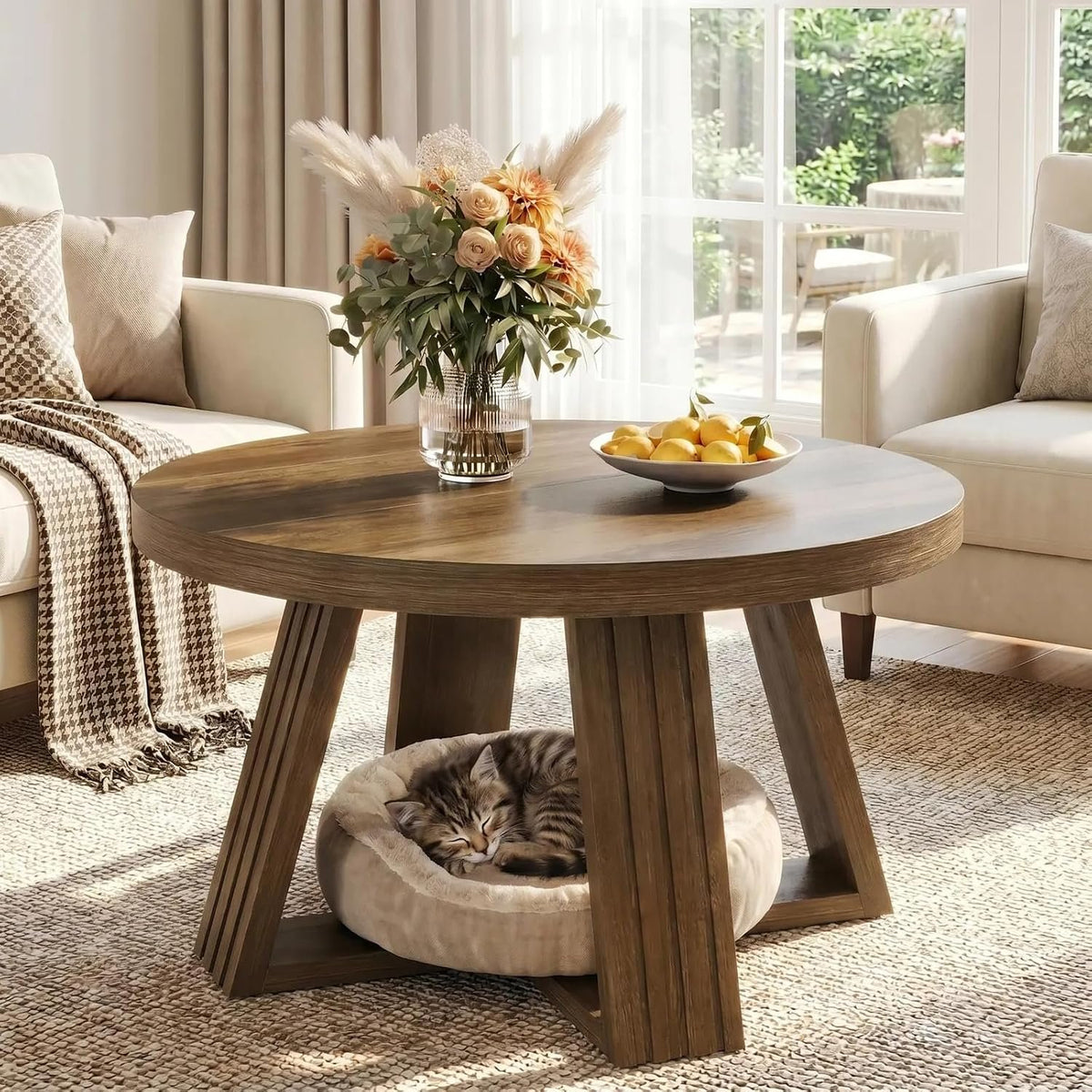 80cm Round Coffee Table, Rustic Solid Wood Top for Living Room