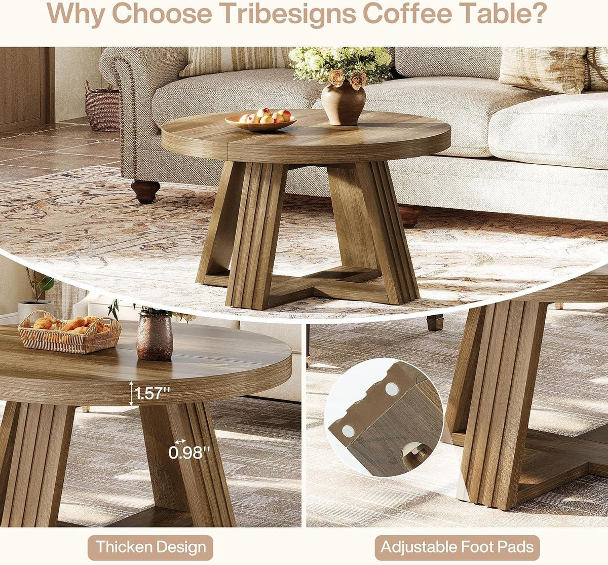 80cm Round Coffee Table, Rustic Solid Wood Top for Living Room