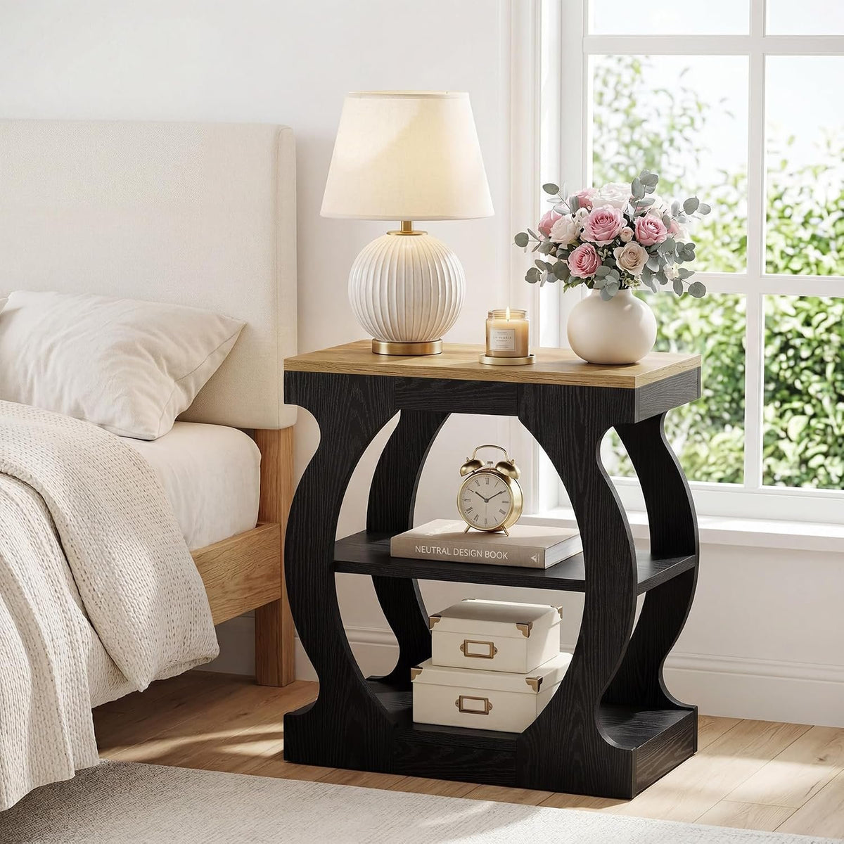 50cm Narrow Side Table, 3-Tier Wooden Nightstand with Curved Frame