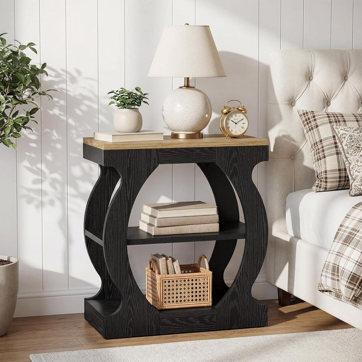 50cm Narrow Side Table, 3-Tier Wooden Nightstand with Curved Frame