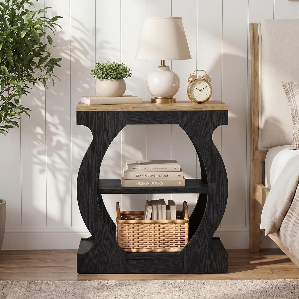 50cm Narrow Side Table, 3-Tier Wooden Nightstand with Curved Frame