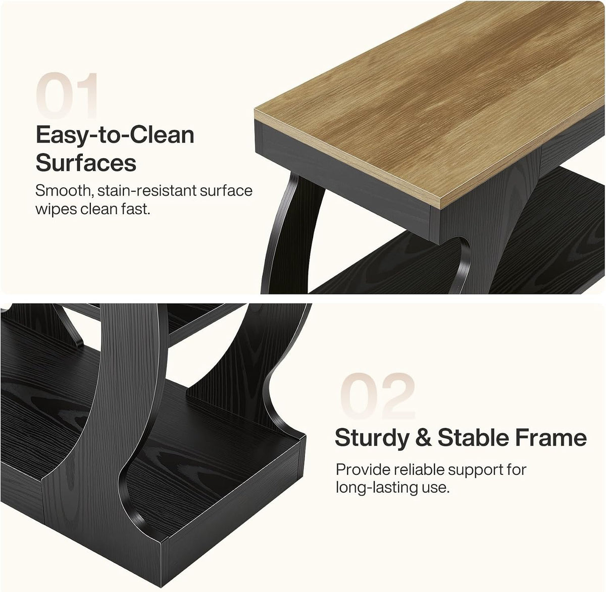 50cm Narrow Side Table, 3-Tier Wooden Nightstand with Curved Frame