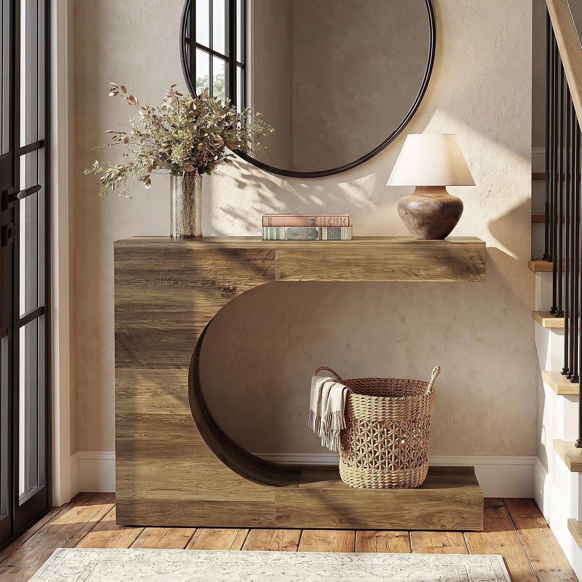 100cm Console Table, C-Shaped 2-Tier Modern Rustic Hallway Table
