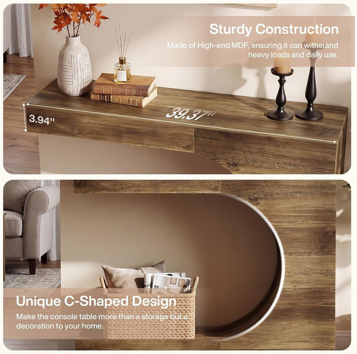 100cm Console Table, C-Shaped 2-Tier Modern Rustic Hallway Table