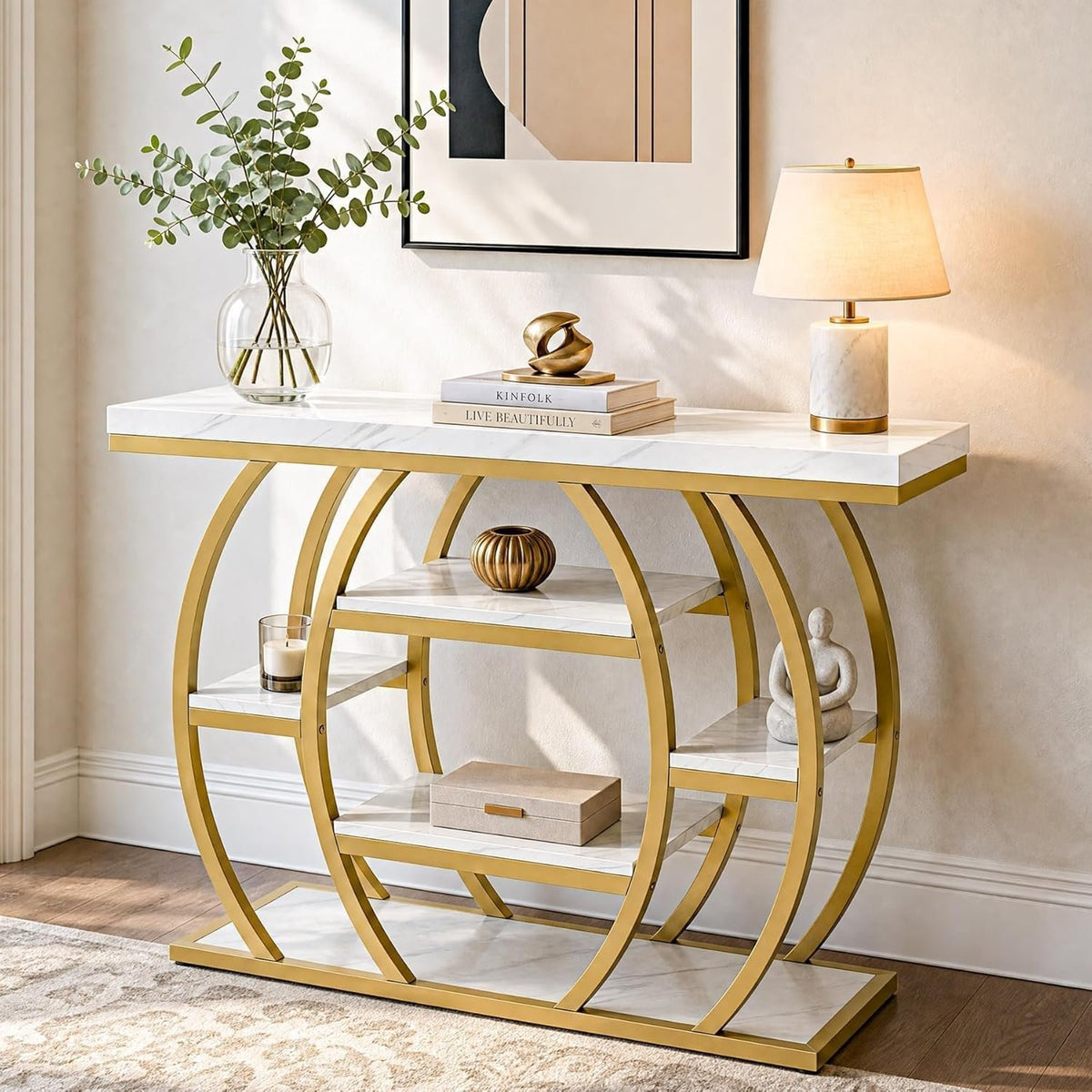 105cm Console Table, Narrow 5-Tier Entryway Table with Faux Marble Top & Arched Metal Frame