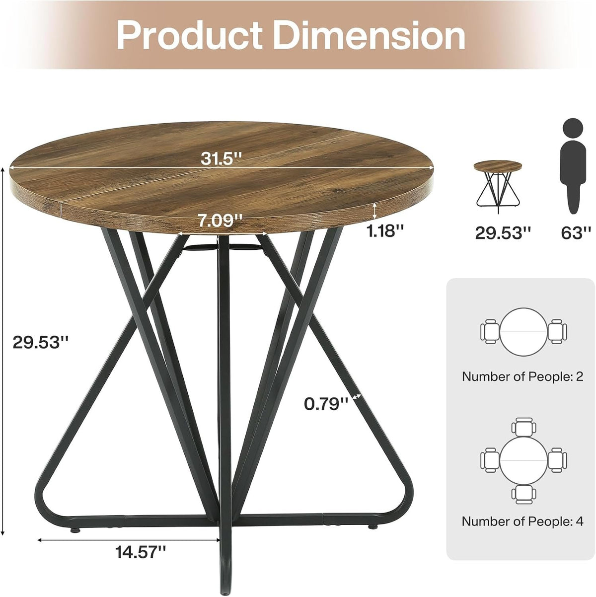 80cm Round Dining Table, 2-4 Seater Rustic Metal Frame Kitchen Table