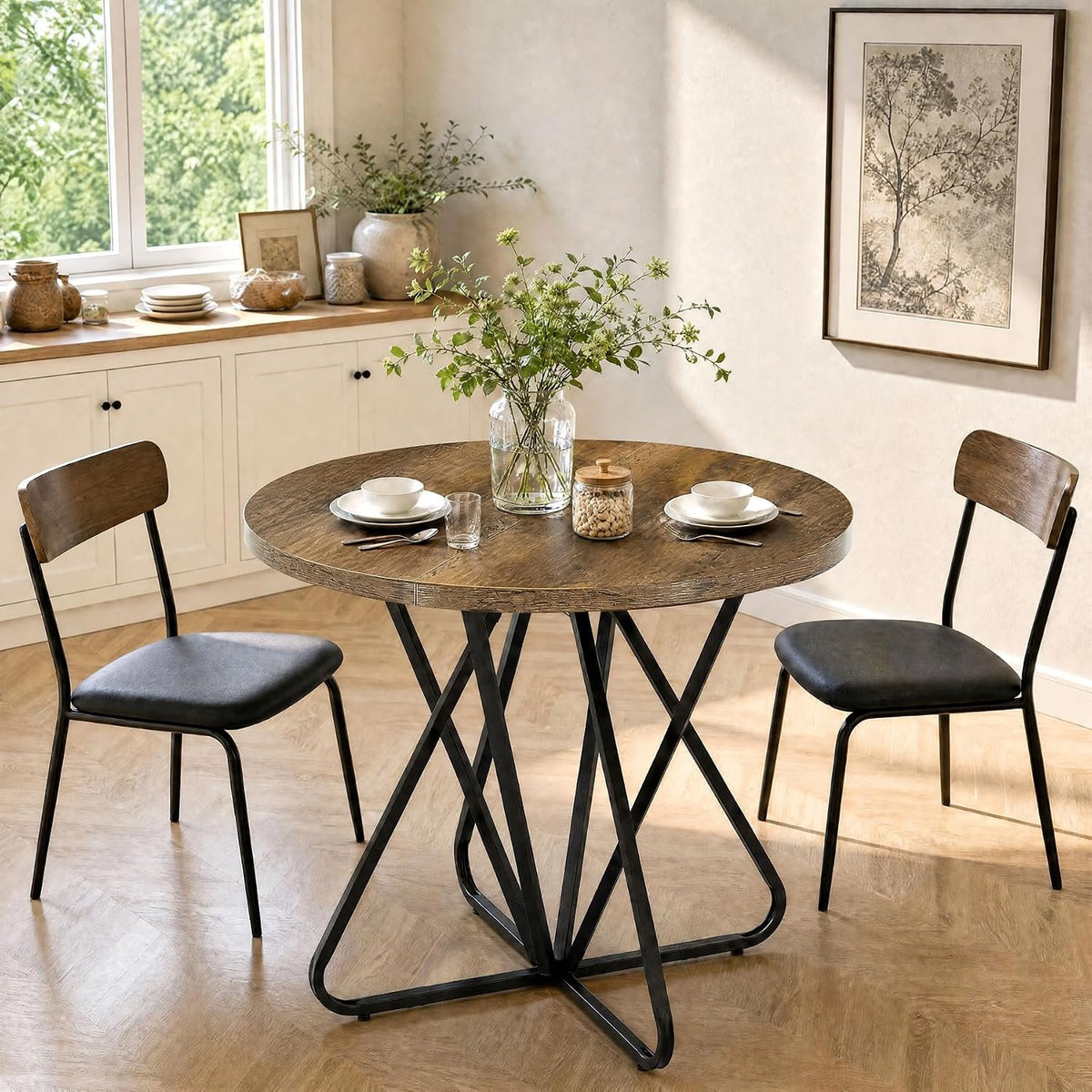 80cm Round Dining Table, 2-4 Seater Rustic Metal Frame Kitchen Table