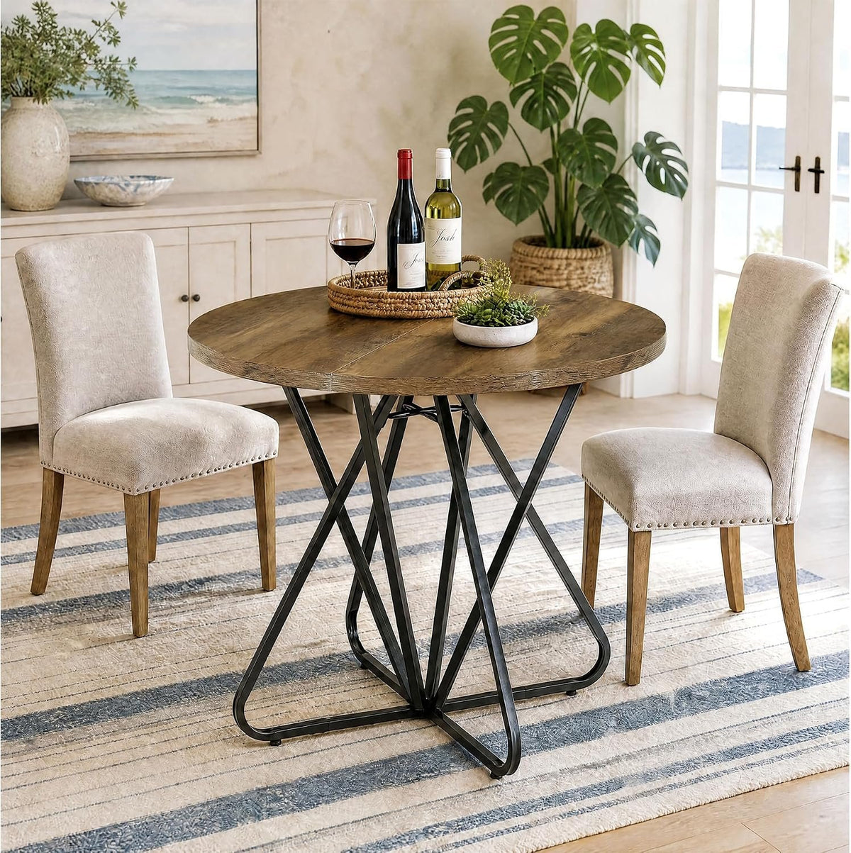 80cm Round Dining Table, 2-4 Seater Rustic Metal Frame Kitchen Table