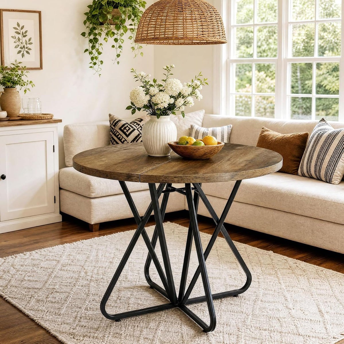 80cm Round Dining Table, 2-4 Seater Rustic Metal Frame Kitchen Table