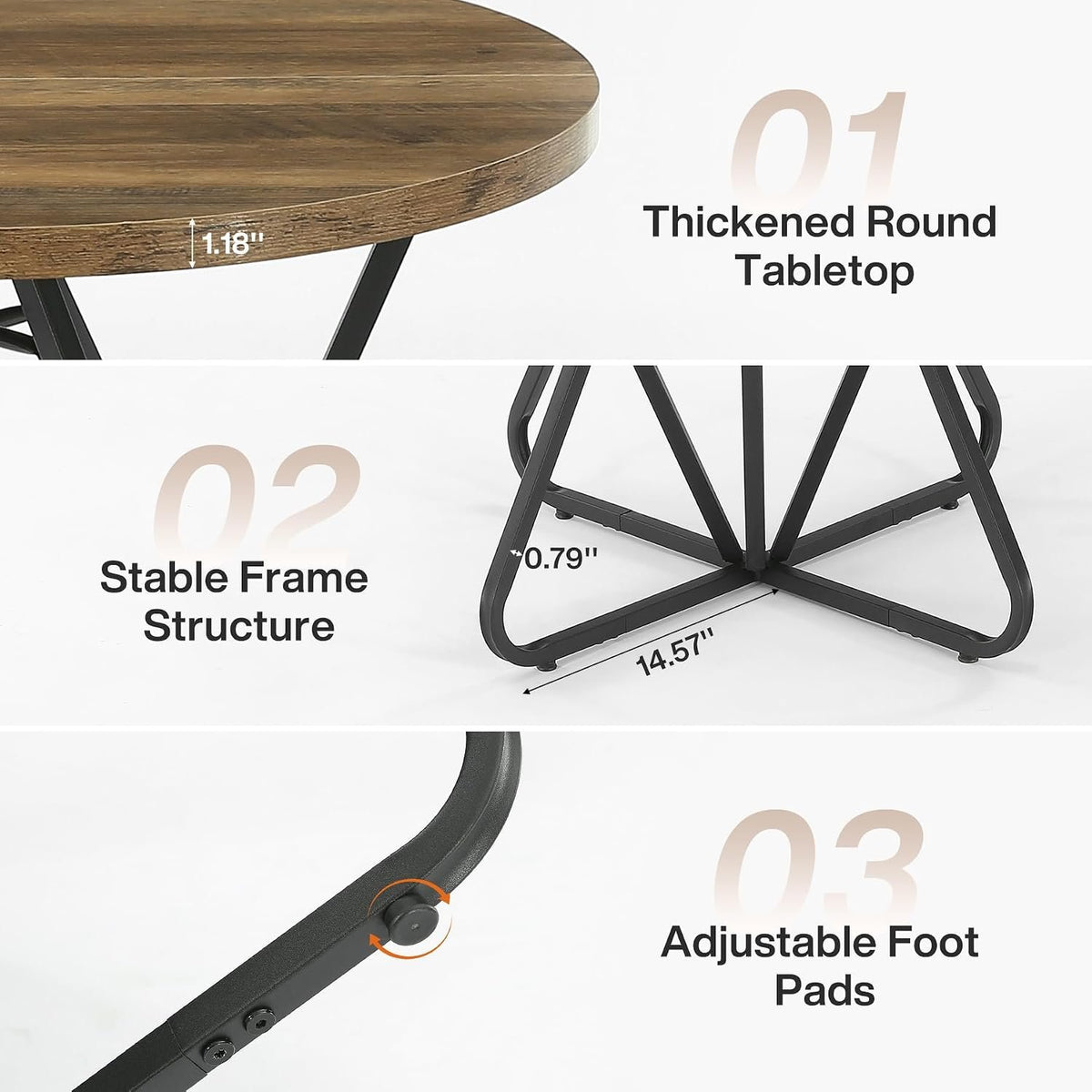 80cm Round Dining Table, 2-4 Seater Rustic Metal Frame Kitchen Table