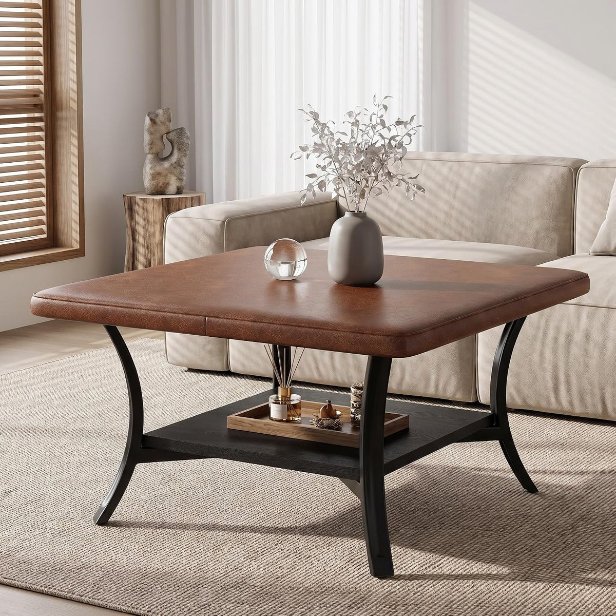 80cm Square Coffee Table, PU Leather Storage Ottoman with Shelf