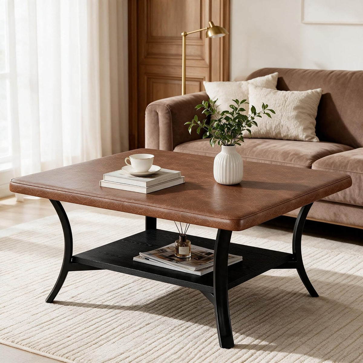 80cm Square Coffee Table, PU Leather Storage Ottoman with Shelf