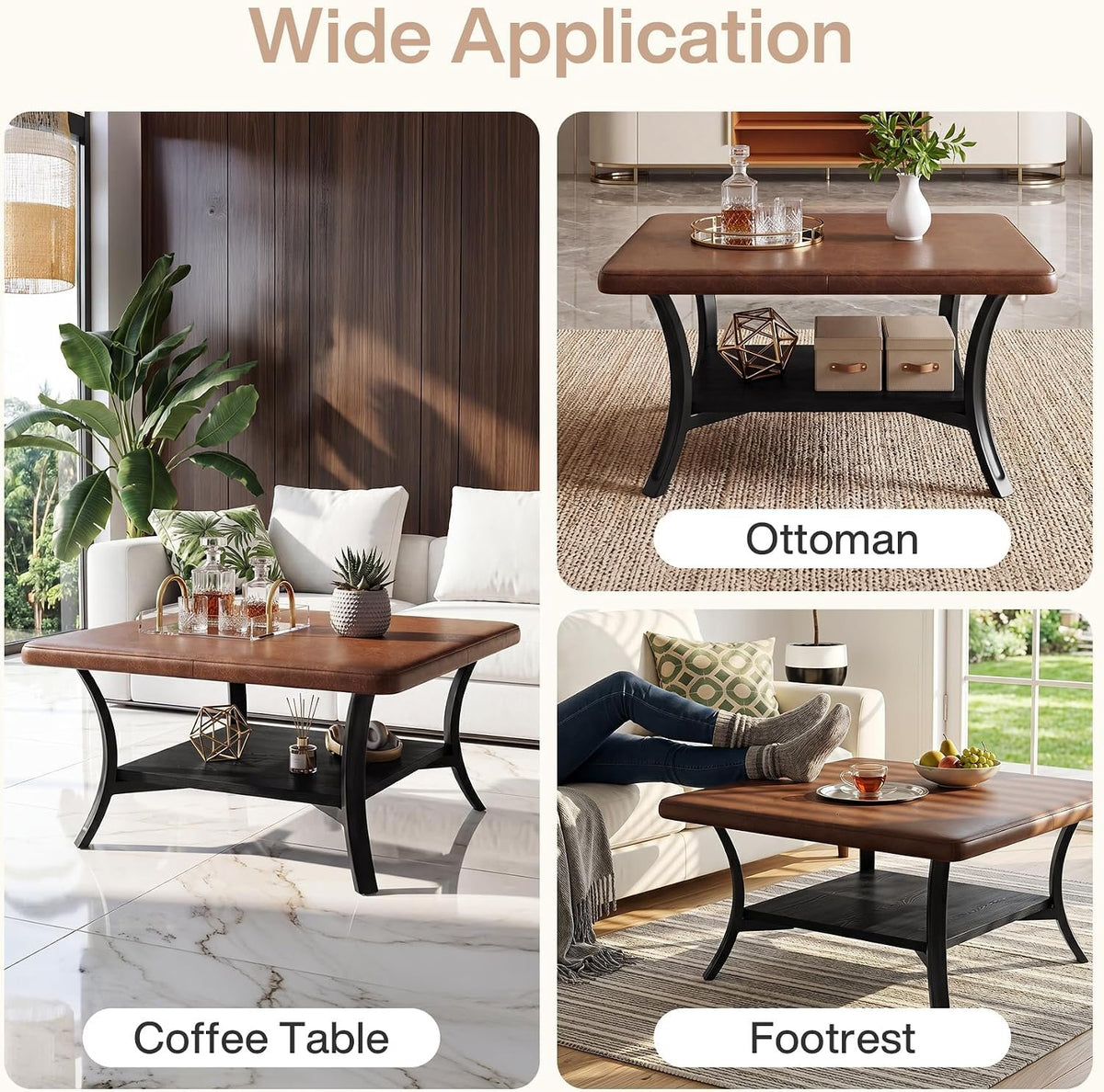 80cm Square Coffee Table, PU Leather Storage Ottoman with Shelf