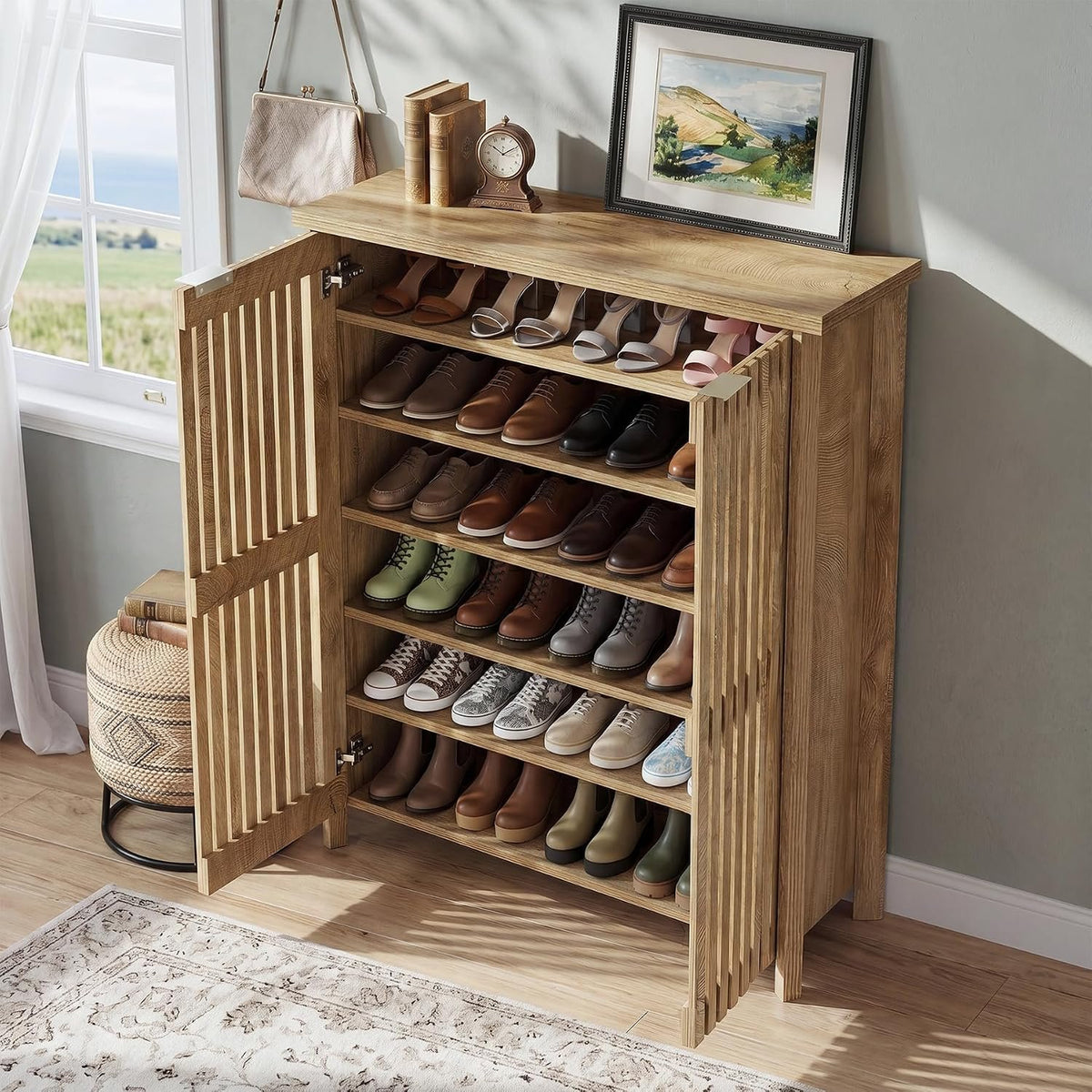 120cm 6-Tier Shoe Cabinet, Farmhouse Storage Organiser with 2 Louvered Doors