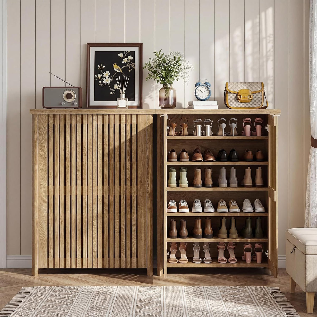 120cm 6-Tier Shoe Cabinet, Farmhouse Storage Organiser with 2 Louvered Doors