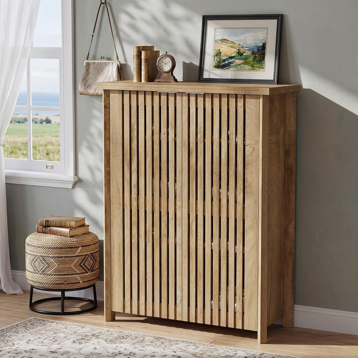 120cm 6-Tier Shoe Cabinet, Farmhouse Storage Organiser with 2 Louvered Doors