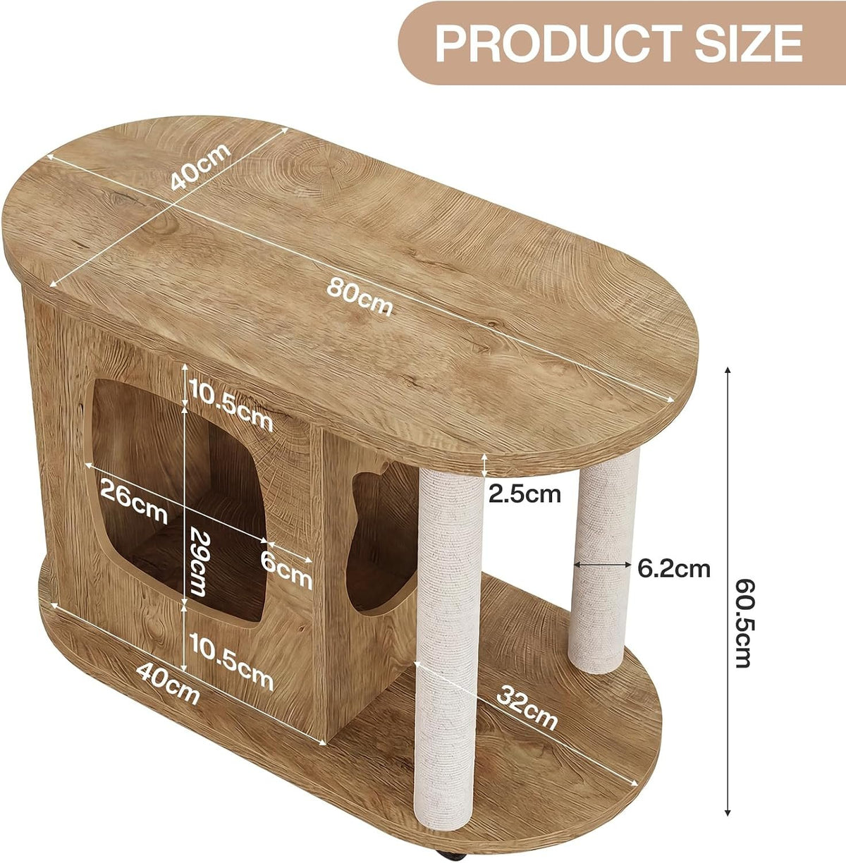 60cm Cat House Side Table, Oval Coffee Table with Scratching Posts & Wheels