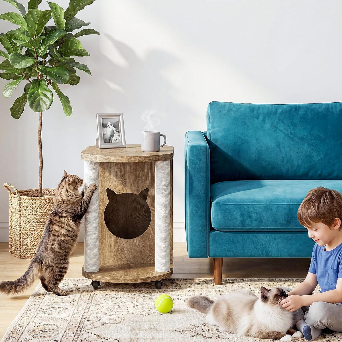 60cm Cat House Side Table, Oval Coffee Table with Scratching Posts & Wheels