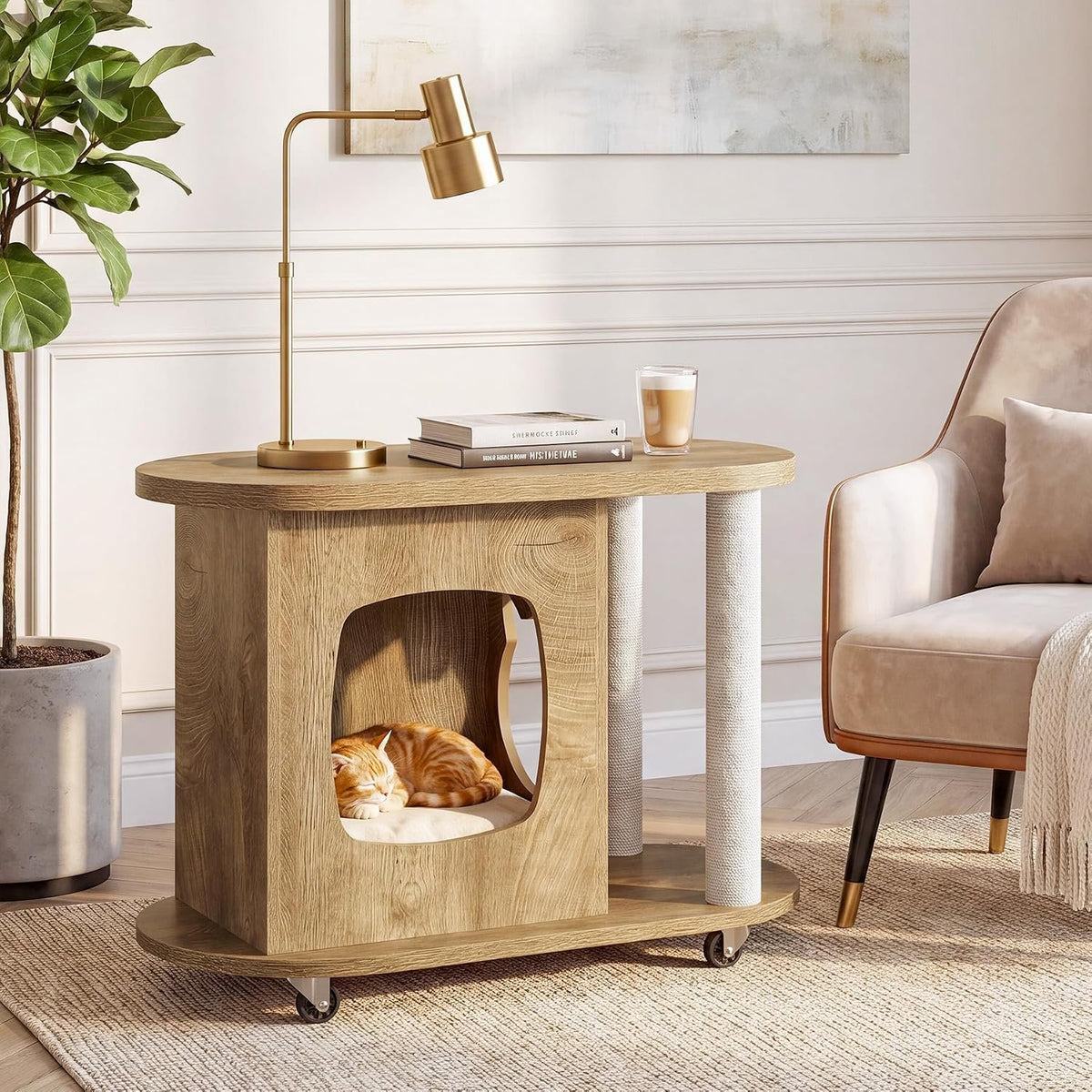 60cm Cat House Side Table, Oval Coffee Table with Scratching Posts & Wheels