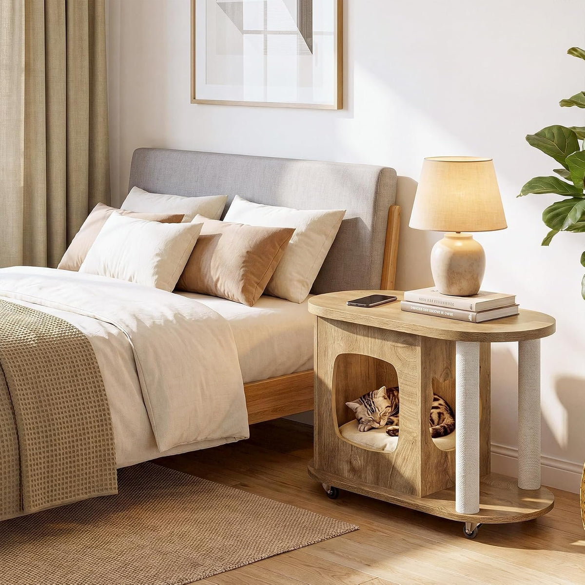 60cm Cat House Side Table, Oval Coffee Table with Scratching Posts & Wheels