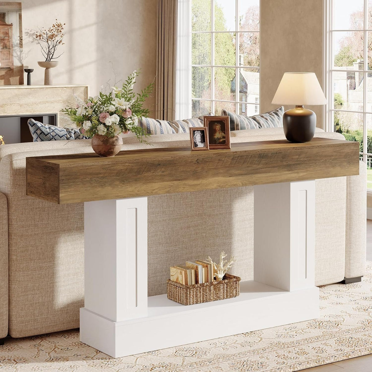 160cm Console Table, Narrow Rustic Open Storage for Hallway Living Room