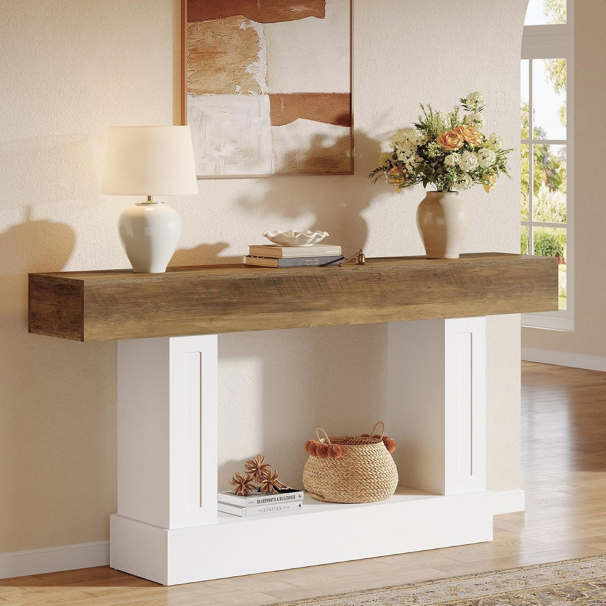 160cm Console Table, Narrow Rustic Open Storage for Hallway Living Room