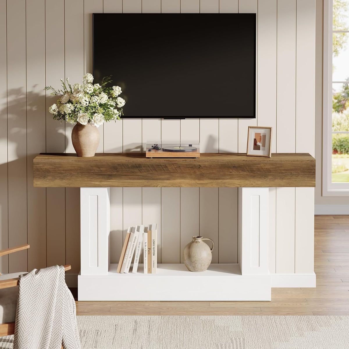 160cm Console Table, Narrow Rustic Open Storage for Hallway Living Room