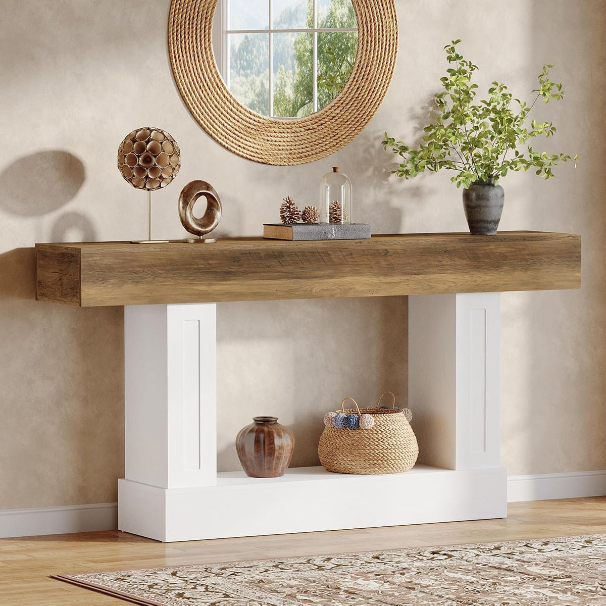 160cm Console Table, Narrow Rustic Open Storage for Hallway Living Room