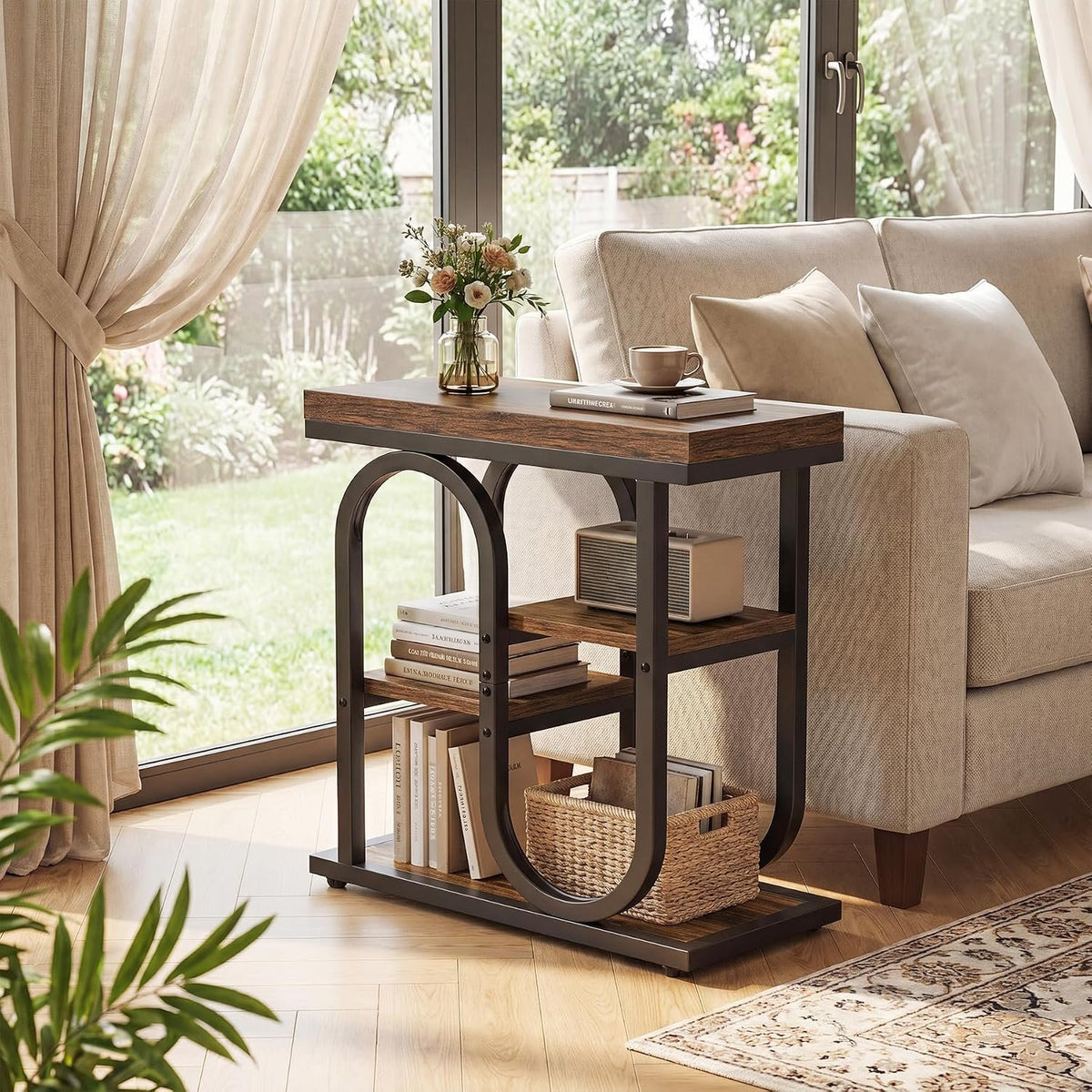 50cm Narrow Side Table, 4-Tier Industrial Nightstand with Metal Frame