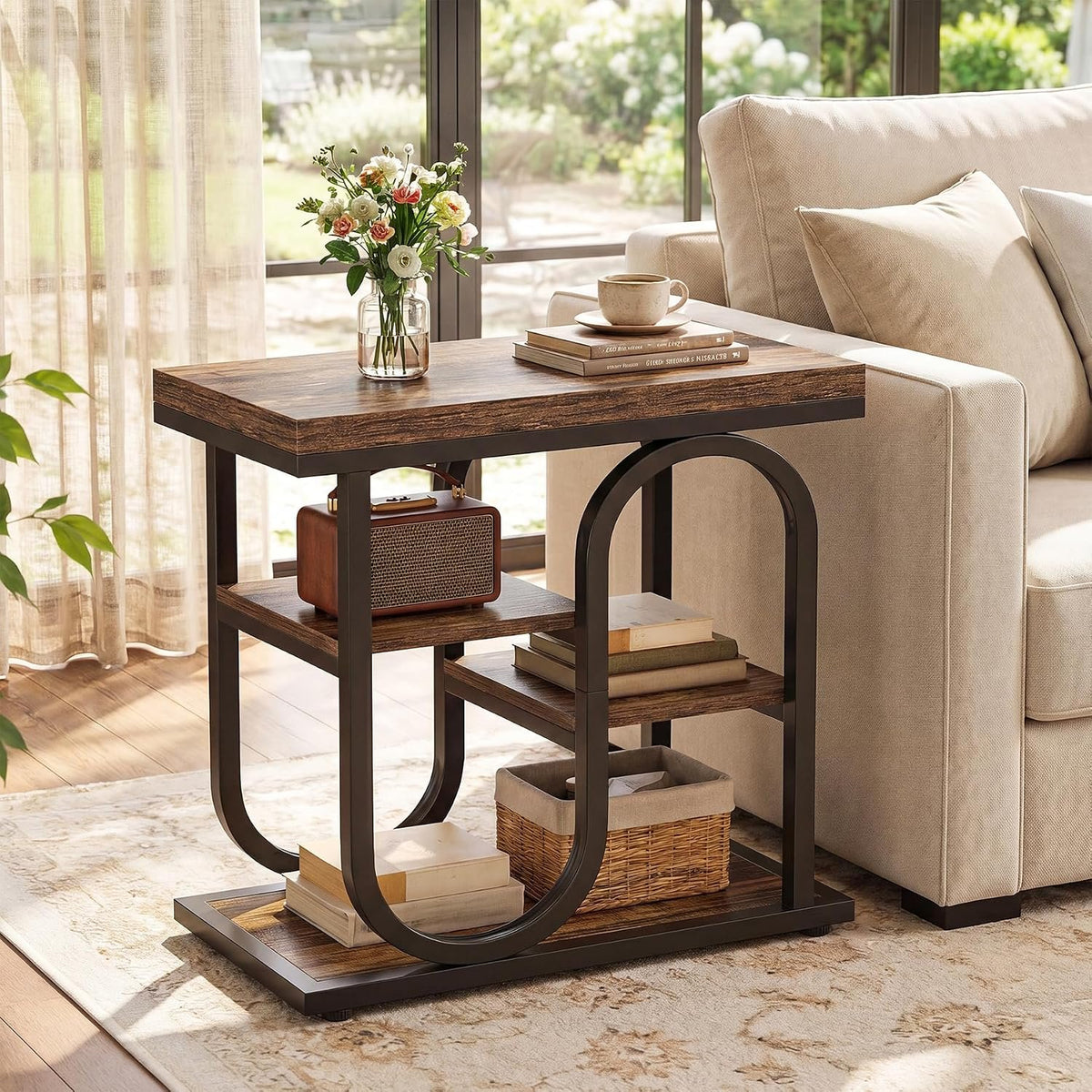 50cm Narrow Side Table, 4-Tier Industrial Nightstand with Metal Frame