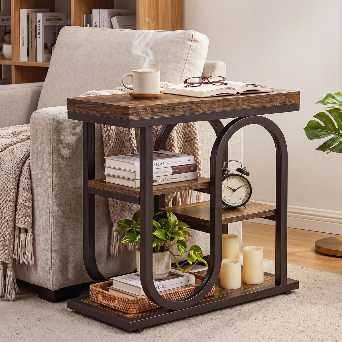 50cm Narrow Side Table, 4-Tier Industrial Nightstand with Metal Frame