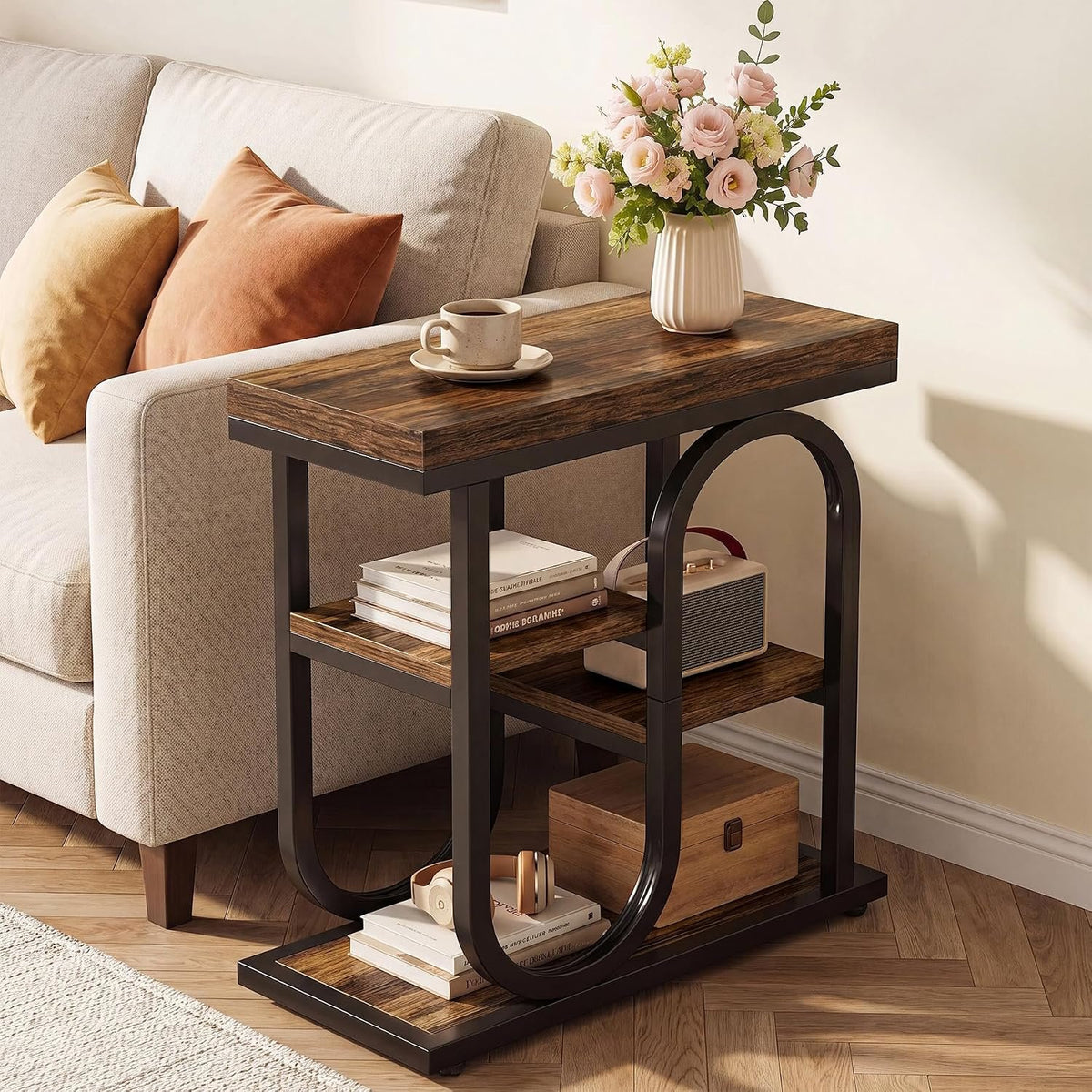 50cm Narrow Side Table, 4-Tier Industrial Nightstand with Metal Frame