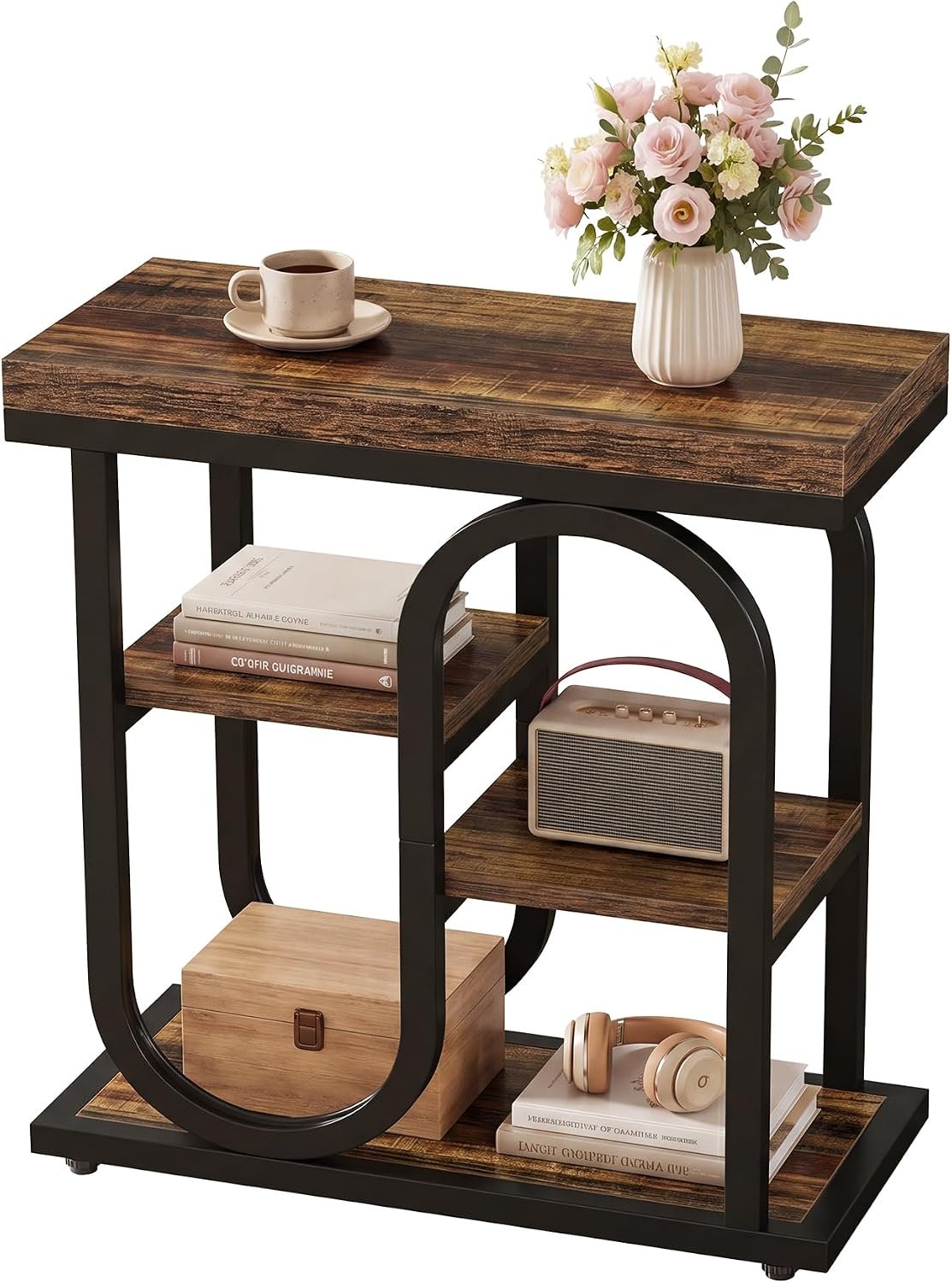 50cm Narrow Side Table, 4-Tier Industrial Nightstand with Metal Frame