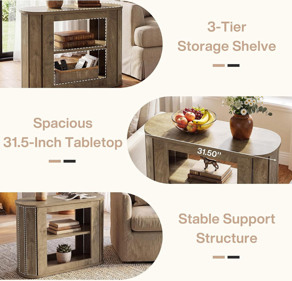 50cm Narrow Side Table, 3-Tier Wooden Nightstand for Living Room Bedroom