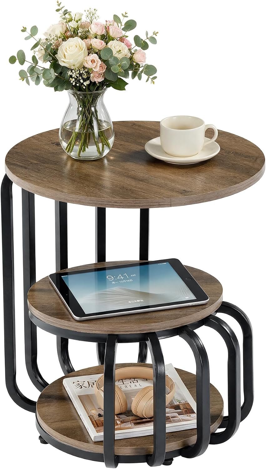 50cm Round Side Table, 3-Tier Industrial Metal Frame Storage Table for Living Room