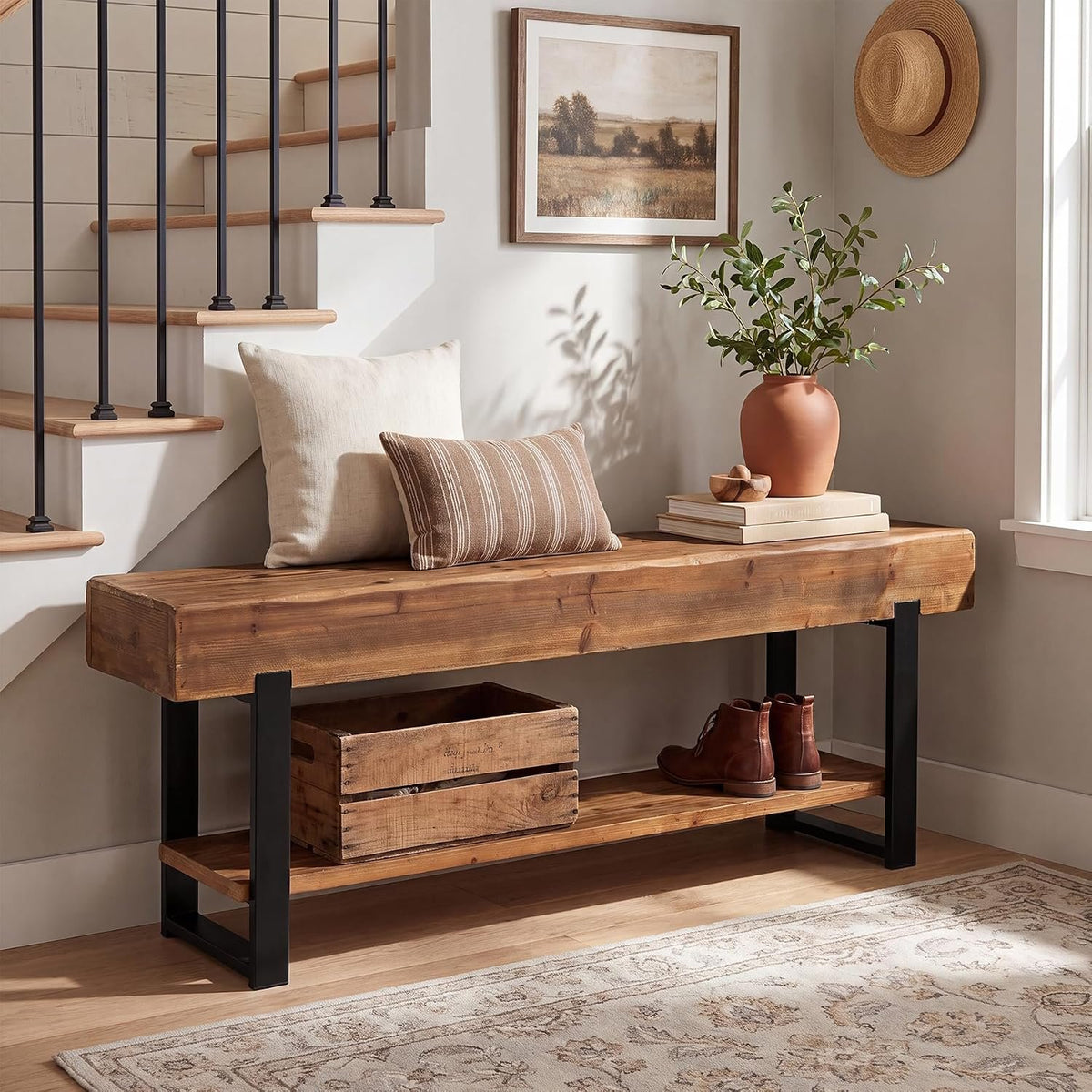 160cm TV Stand, Solid Wood 2-Tier Entertainment Unit with Metal Frame for Living Room