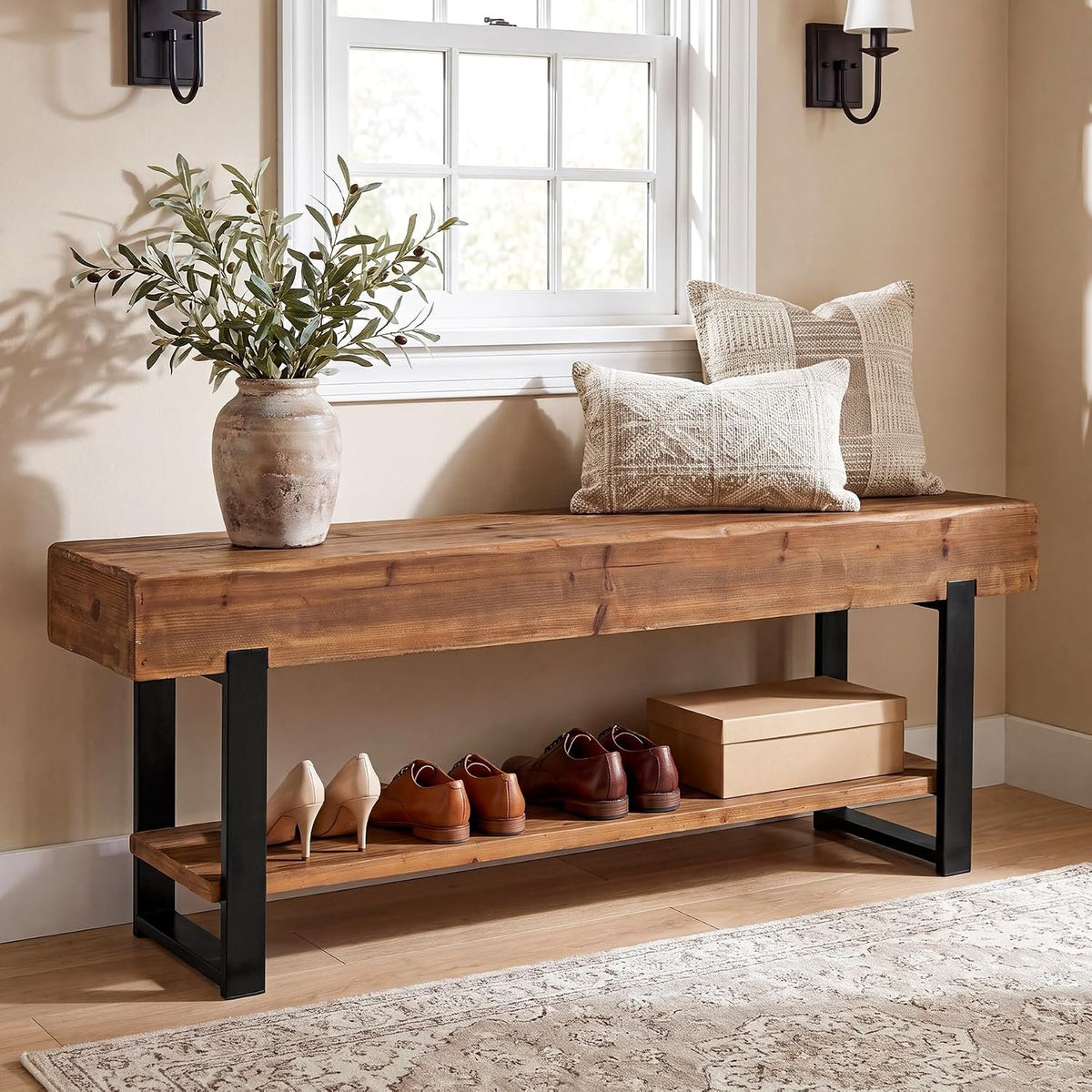 160cm TV Stand, Solid Wood 2-Tier Entertainment Unit with Metal Frame for Living Room