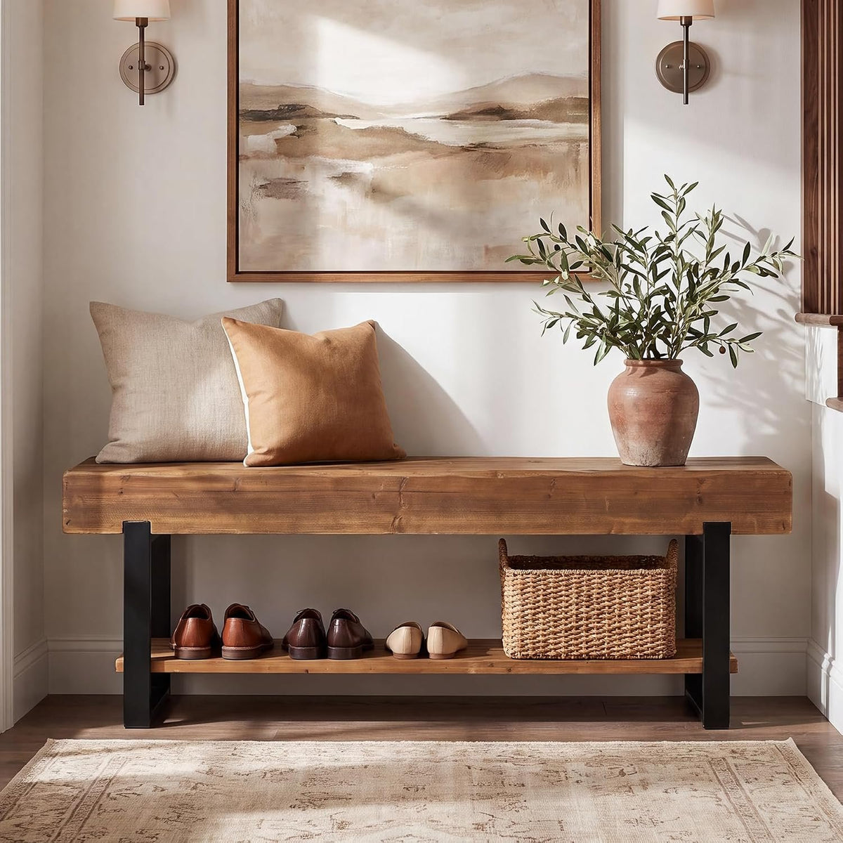 160cm TV Stand, Solid Wood 2-Tier Entertainment Unit with Metal Frame for Living Room