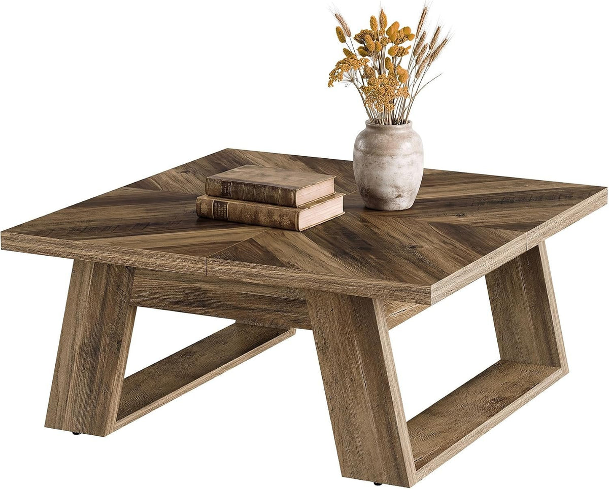 100cm Square Coffee Table, Sturdy Centre Table with Geometric Wood Grain