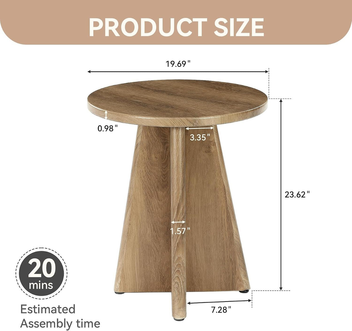 50cm Round End Table, Wooden Side Table for Living Room