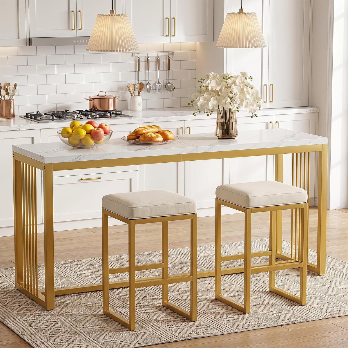 180cm Bar Table, Counter Height Pub Table with Metal Base for Narrow Kitchen Dining Room