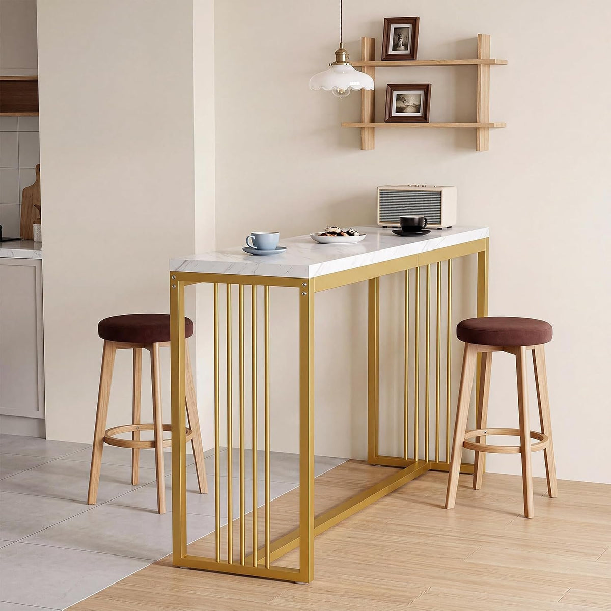 180cm Bar Table, Counter Height Pub Table with Metal Base for Narrow Kitchen Dining Room