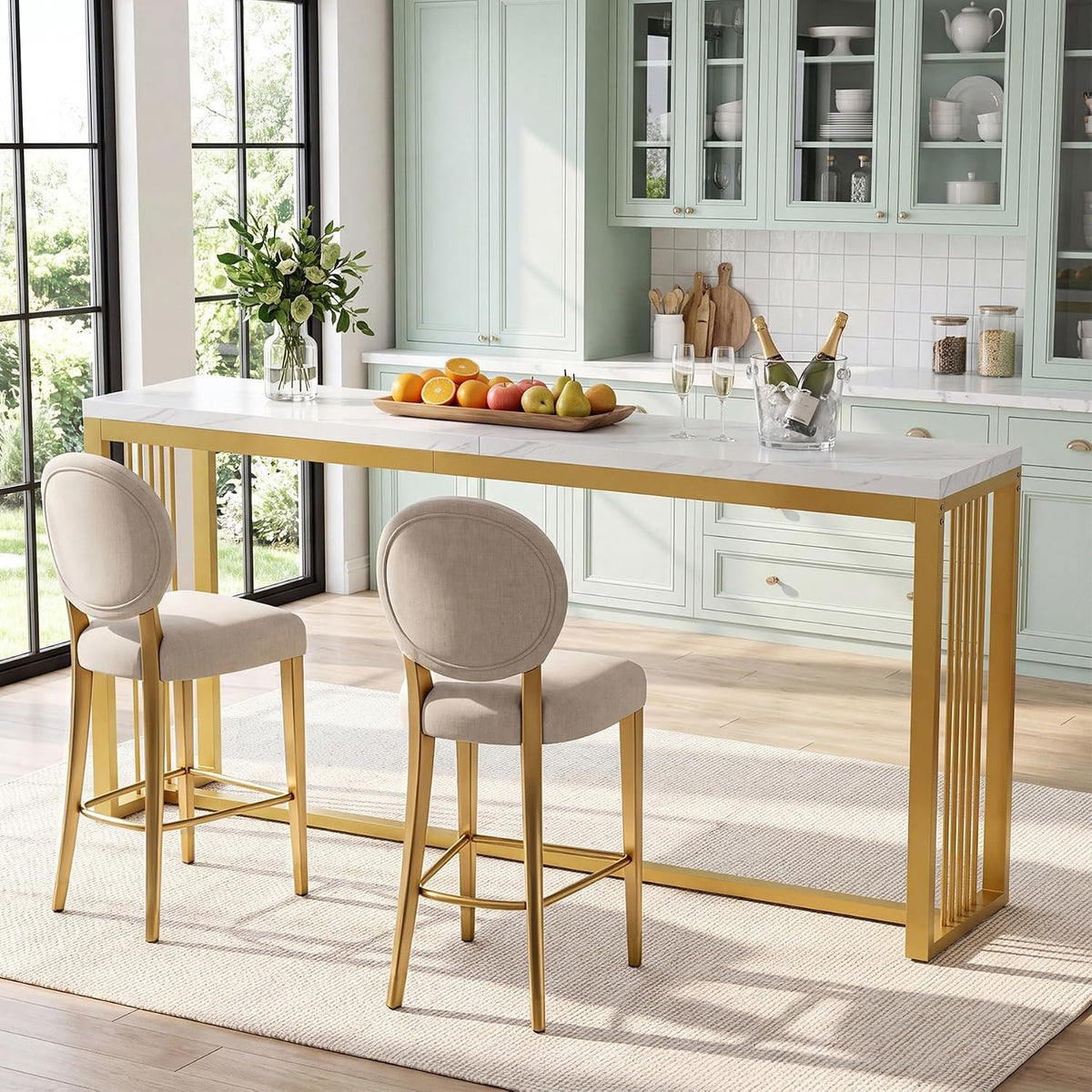 180cm Bar Table, Counter Height Pub Table with Metal Base for Narrow Kitchen Dining Room