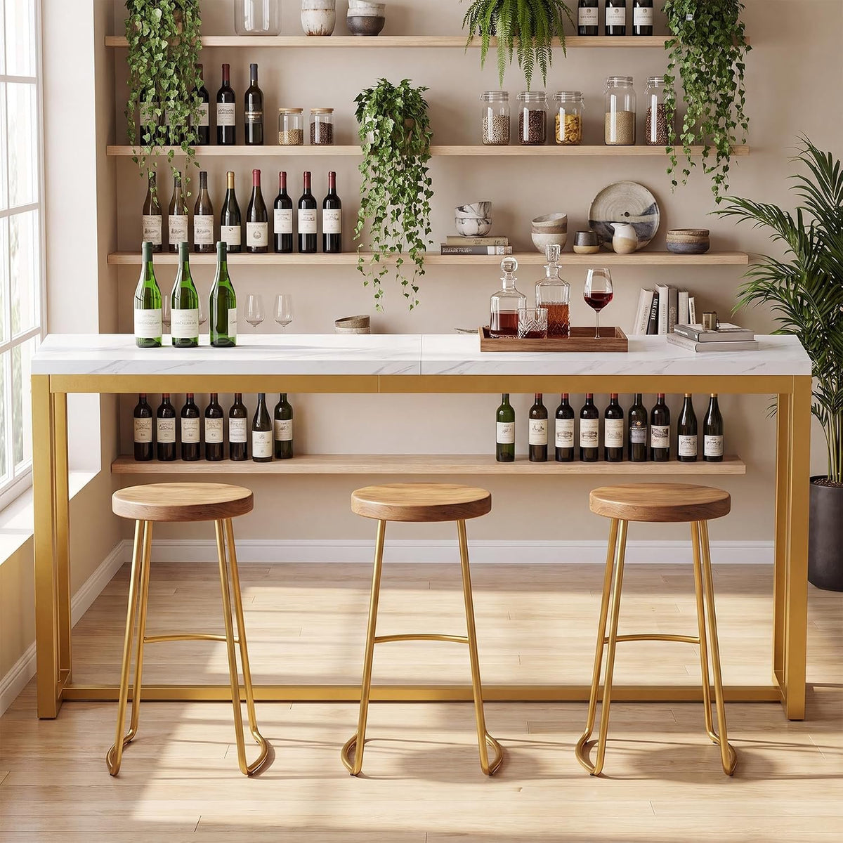 180cm Bar Table, Counter Height Pub Table with Metal Base for Narrow Kitchen Dining Room