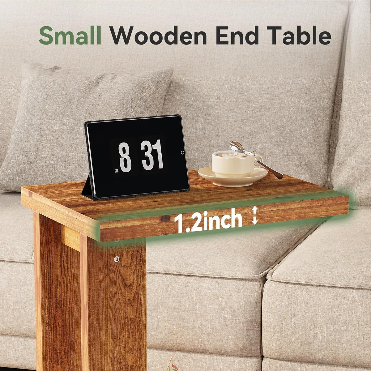 C-Shaped End Table, Wood 2-Tier Side Table Bedside Nightstand