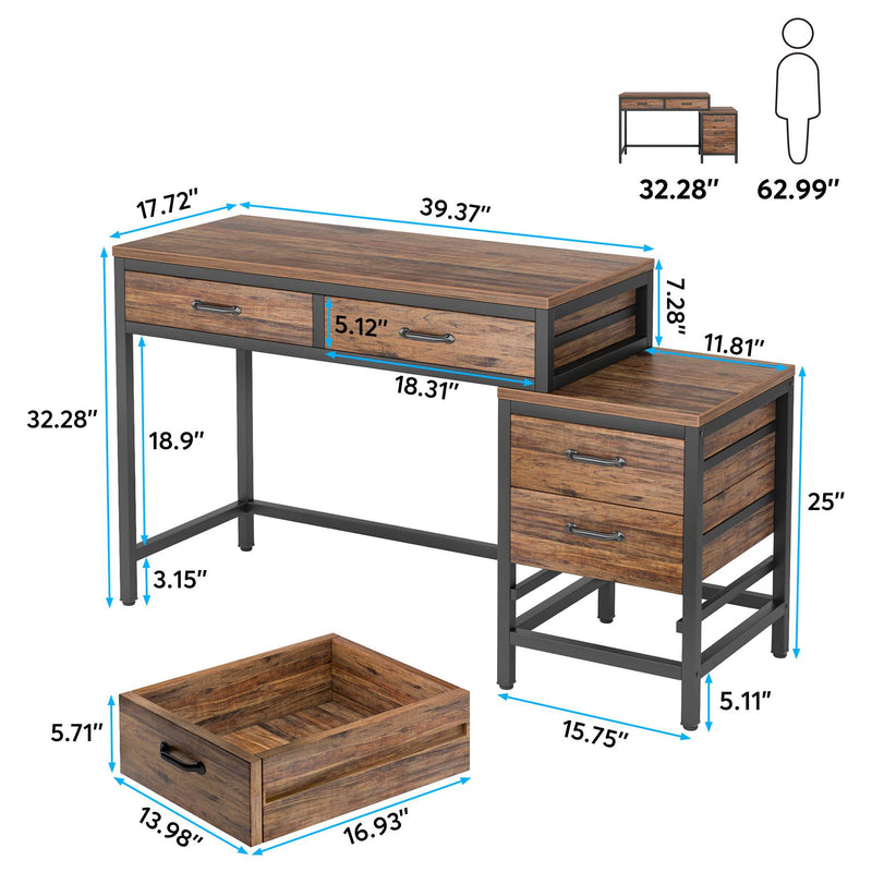 5-Drawer Computer Desk, Study Writing Table with Reversible Drawer Cabinet