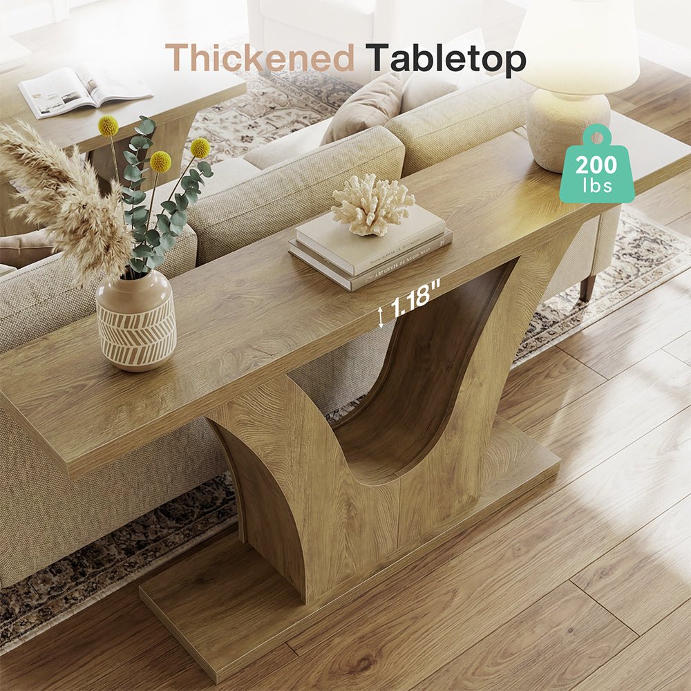 160cm Farmhouse Console Table with 2-Tier Storage, Narrow Sofa Table with Curved U-Shape Base