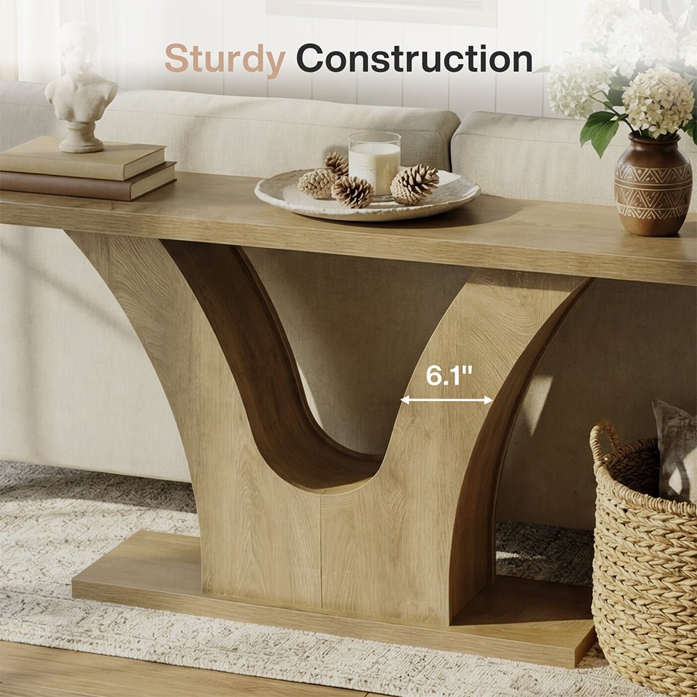 160cm Farmhouse Console Table with 2-Tier Storage, Narrow Sofa Table with Curved U-Shape Base